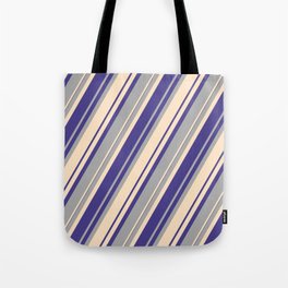 [ Thumbnail: Dark Slate Blue, Dark Grey, and Bisque Colored Pattern of Stripes Tote Bag ]