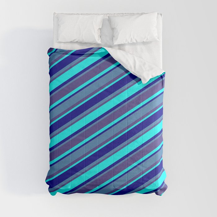 Blue, Dark Slate Blue, Aqua, and Dark Blue Colored Lined/Striped Pattern Comforter