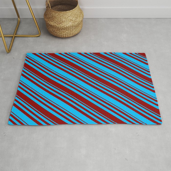 Deep Sky Blue and Dark Red Colored Lined Pattern Rug