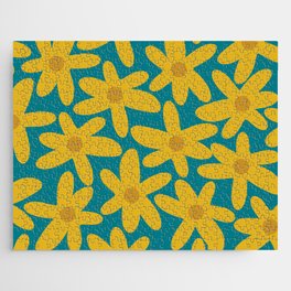 Daisy Time Retro Floral Pattern in Moroccan Teal Blue, Mustard, and Ochre Jigsaw Puzzle