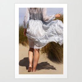 Lady in a blue dress wandering through the dunes | fashion Art Print