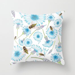 Cornflower & Hover Flies Throw Pillow