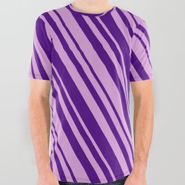[ Thumbnail: Plum and Indigo Colored Lines/Stripes Pattern All Over Graphic Tee ]
