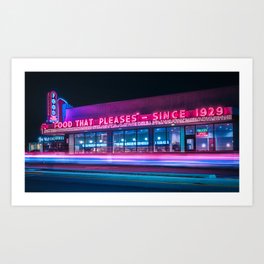 "Food That Pleases"- Long Exposure Night Photograph of Diner Exterior Illuminated in Neon Lights Art Print | Color, Digital, Architecture, Streetscape, Long Exposure, Night, Blue, Atlanta, City, Violet 