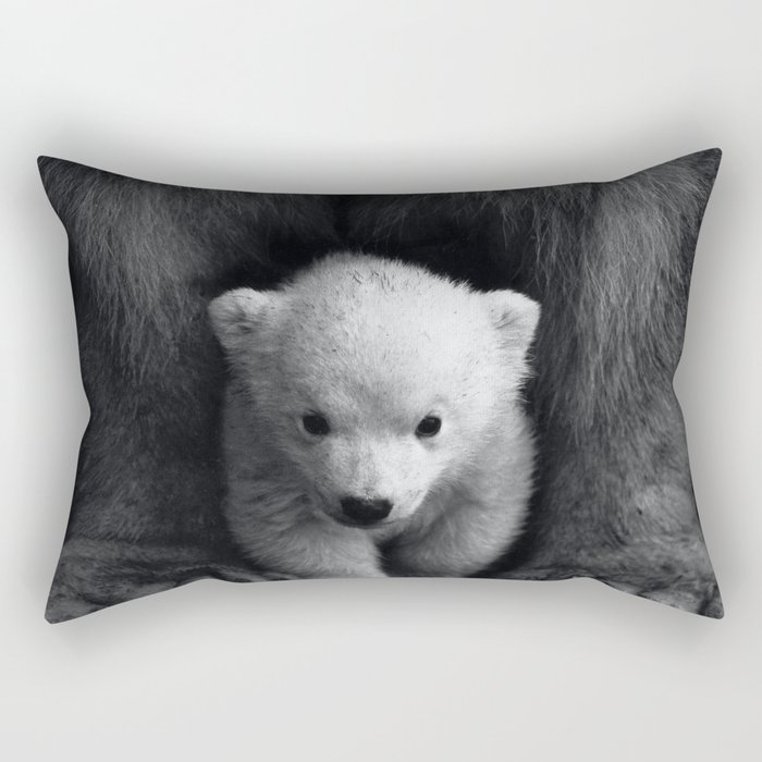 Baby polar bear cub snuggled by mom black and white nature animals photograph - photography - photographs Rectangular Pillow