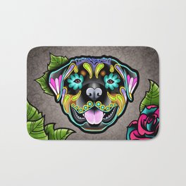 Rottweiler - Day of the Dead Sugar Skull Dog Bath Mat | Filigree, Puppy, Diademuertos, Candy, Dog, Colorful, Mexico, Rottie, Diadelosmuertos, Calavera 
