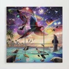 Dolphin And Parrot Ocean Animal Space Scene Wood Wall Art