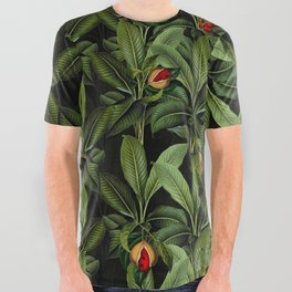 Vintage Exotic Midnight Botanical Leaves And Fruits Garden All Over Graphic Tee