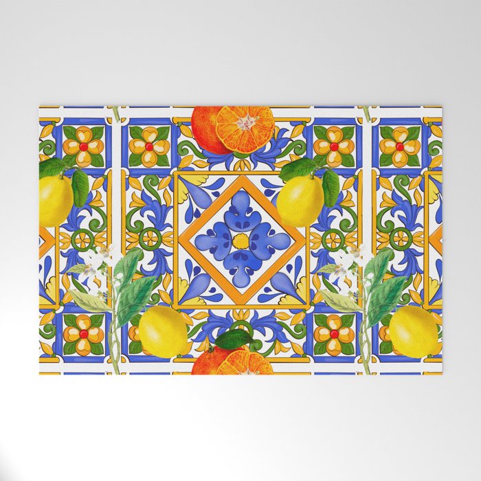 Summer ,Sicilian tiles ,citrus,oranges,majolica,lemons ,Mediterranean  Welcome Mat