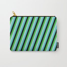 [ Thumbnail: Turquoise, Black, Lime Green, and Light Blue Colored Lines/Stripes Pattern Carry-All Pouch ]