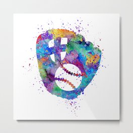 Baseball Glove with Ball Art Colorful Watercolor Gift Sports Artwork Metal Print