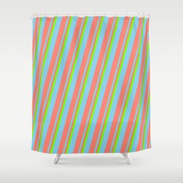 [ Thumbnail: Green, Sky Blue & Salmon Colored Pattern of Stripes Shower Curtain ]