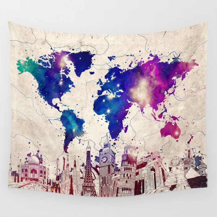 World Map City Skyline Galaxy 2 Wall Tapestry By Bekimart