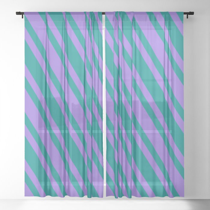 Dark Cyan & Purple Colored Lined/Striped Pattern Sheer Curtain