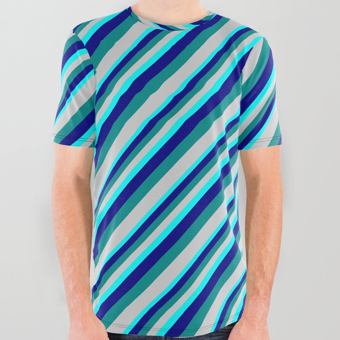 Aqua, Blue, Dark Cyan, and Light Gray Colored Lined/Striped Pattern All Over Graphic Tee