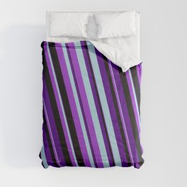 [ Thumbnail: Indigo, Light Blue, Dark Orchid & Black Colored Striped Pattern Comforter ]