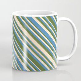 [ Thumbnail: Bisque, Blue, and Dark Olive Green Colored Lines/Stripes Pattern Coffee Mug ]