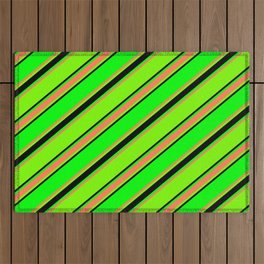 [ Thumbnail: Lime, Coral, Green, and Black Colored Lined Pattern Outdoor Rug ]