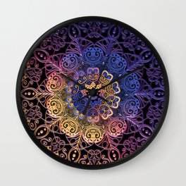 Purple, yellow, pink mandala hand drawn on black background filling the whole frame in abstract, artistic design.  Wall Clock