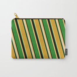 [ Thumbnail: Goldenrod, Tan, Forest Green, and Black Colored Striped/Lined Pattern Carry-All Pouch ]