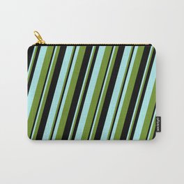 [ Thumbnail: Turquoise, Green & Black Colored Lines/Stripes Pattern Carry-All Pouch ]