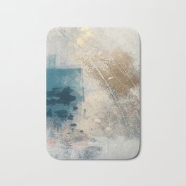 Embrace: a minimal, abstract mixed-media piece in blues and gold with a hint of pink Bath Mat