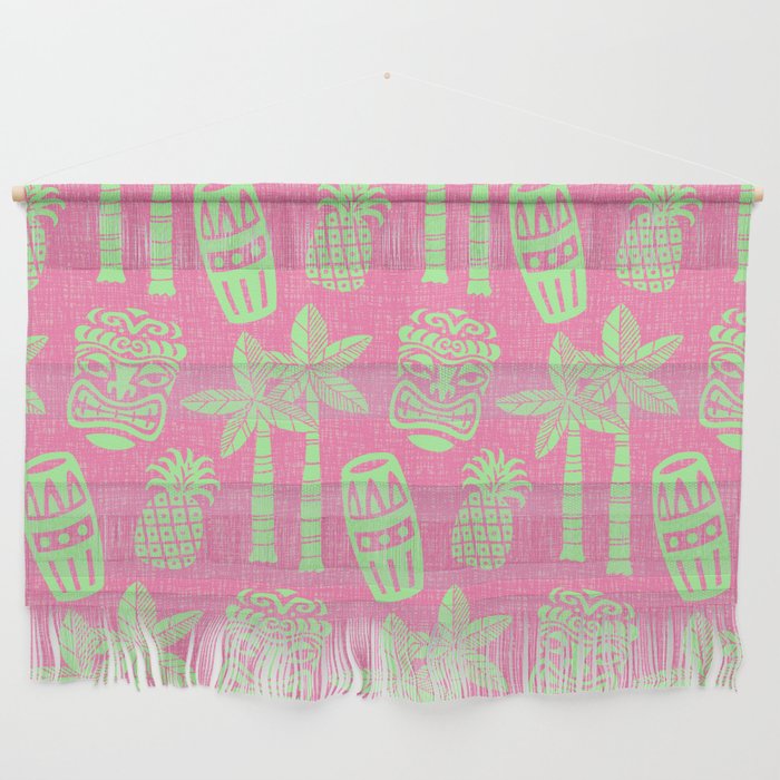 Retro Mid Century Modern Tiki Pattern 544 Chartreuse and Pink Tweed Wall Hanging