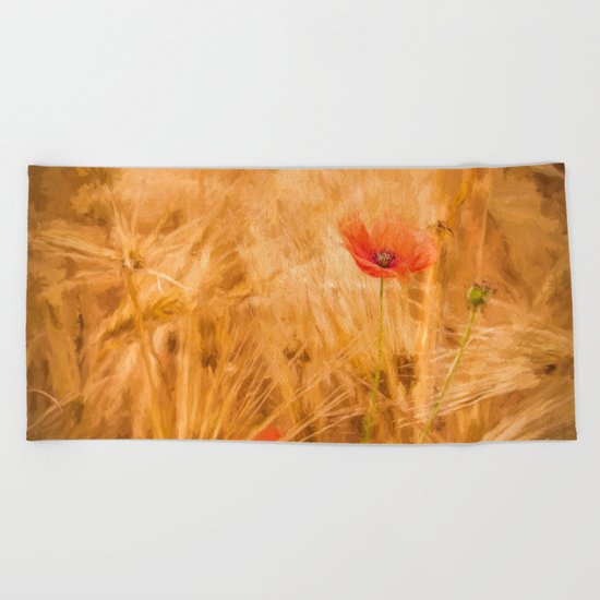 Fiery poppy in a golden cornfield- Poppies Flower Flowers #Society6 Beach Towel