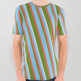 [ Thumbnail: Light Sky Blue, Red, Green & Lavender Colored Lined Pattern All Over Graphic Tee ]