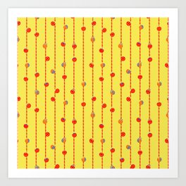 Vibrant Christmas Baubles and Tinsel in Red on Mustard Yellow Art Print
