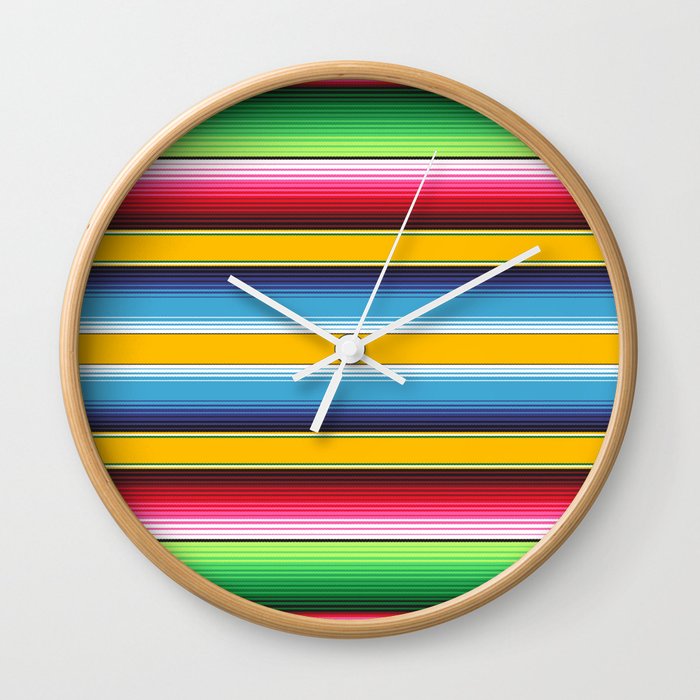 Yellow Blue Red Green Mexican Serape Blanket Stripes Wall Clock