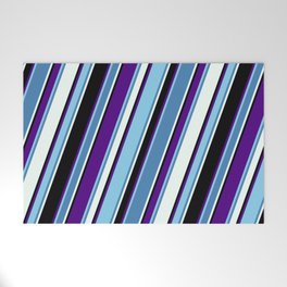 [ Thumbnail: Colorful Indigo, Sky Blue, Blue, Mint Cream, and Black Colored Lines Pattern Welcome Mat ]