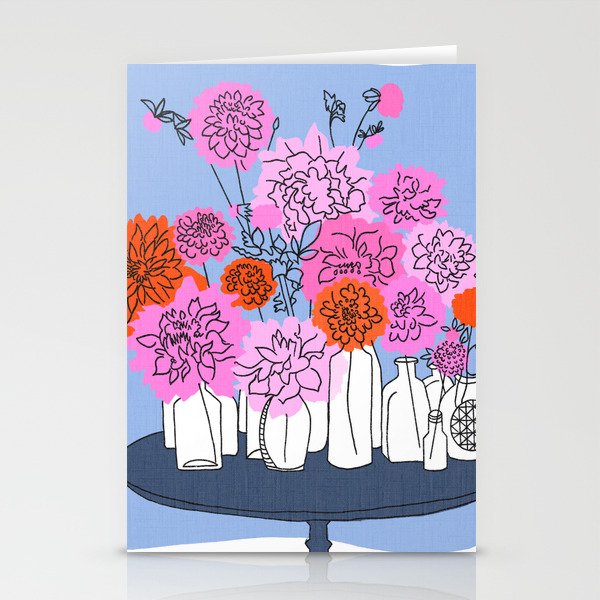 Mid-Century Modern Flower Bottle Bouquet Pink and Red Stationery Cards