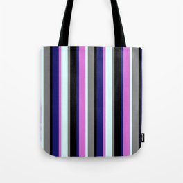 [ Thumbnail: Eye-catching Midnight Blue, Orchid, Light Cyan, Gray, and Black Colored Stripes/Lines Pattern Tote Bag ]