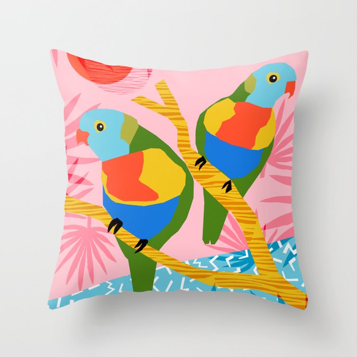 Besties - retro throwback memphis bird art pattern bright neon pop art abstract 1980s 80s style mini Throw Pillow