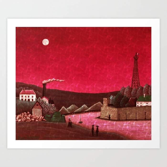 Moon on the River Seine, Paris, France blood red night sky reflection landscape painting by Henri Rousseau; La Seine à Suresnes Art Print
