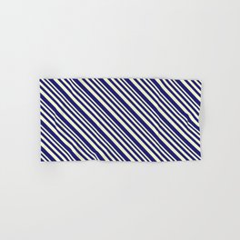 [ Thumbnail: Light Yellow & Midnight Blue Colored Lined/Striped Pattern Hand & Bath Towel ]