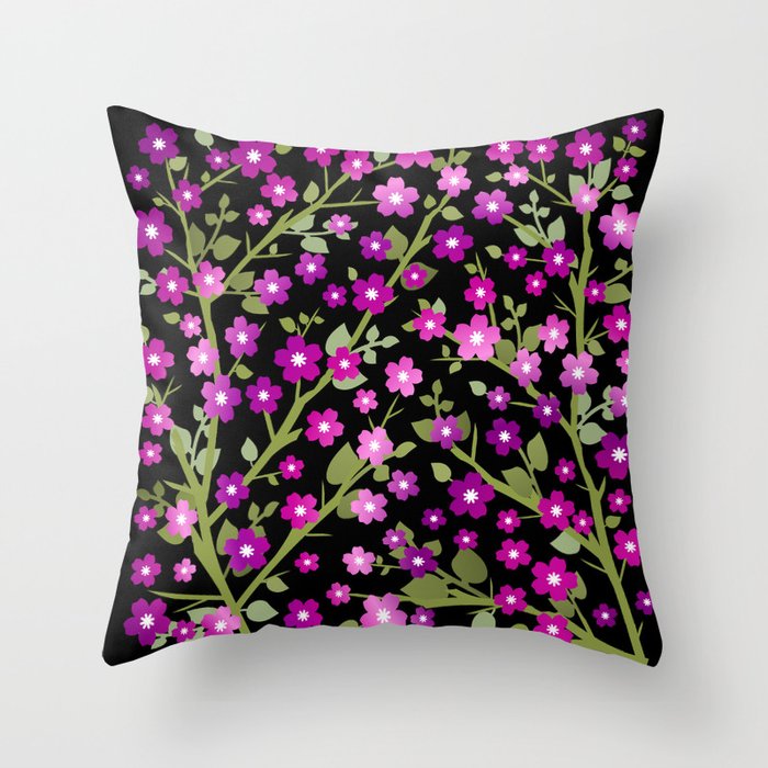 Lovely Blossoms - magenta on black Throw Pillow