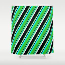[ Thumbnail: Cyan, Lime Green, Lavender, and Black Colored Pattern of Stripes Shower Curtain ]