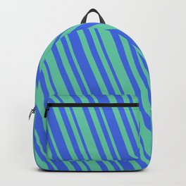 [ Thumbnail: Royal Blue and Aquamarine Colored Stripes/Lines Pattern Backpack ]