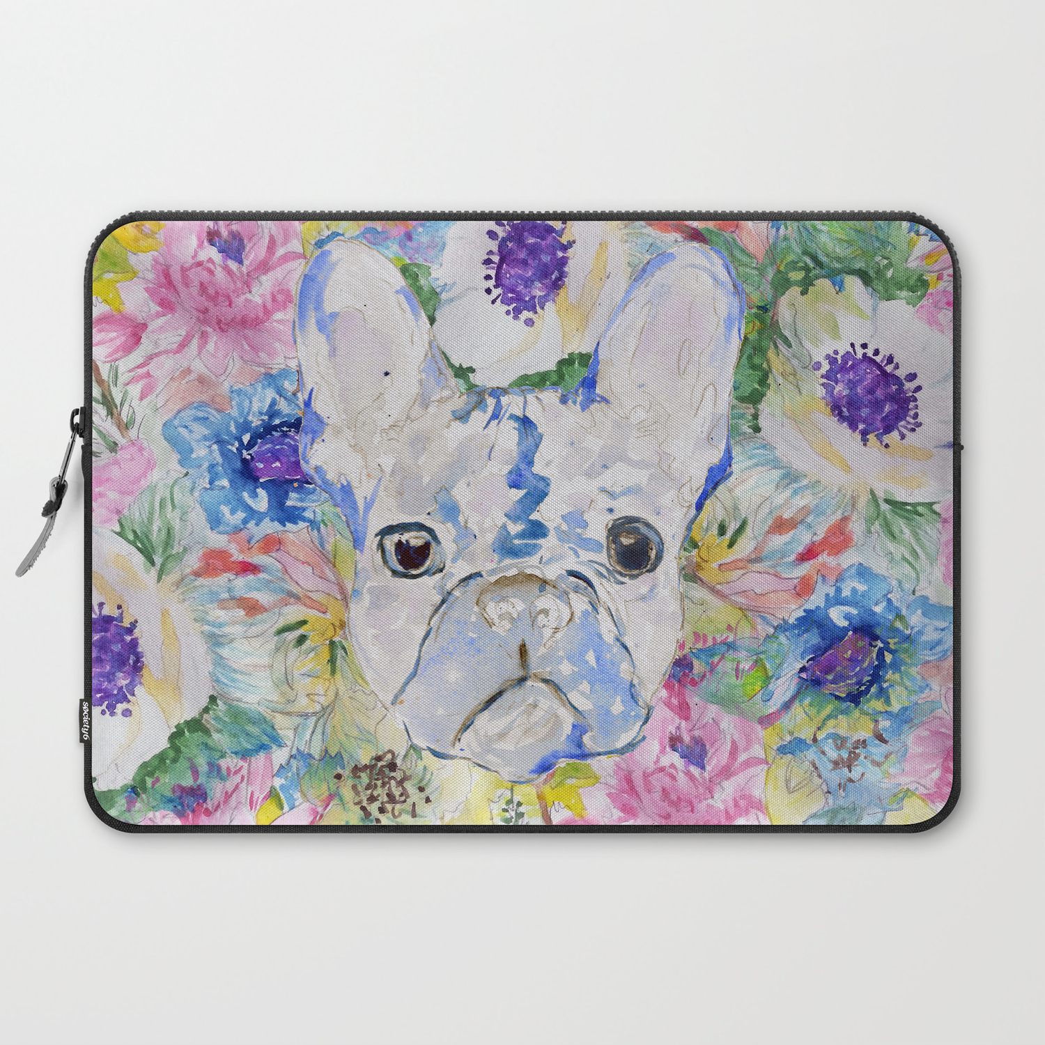 Abstract French Bulldog Floral Watercolor Paint Laptop Sleeve By