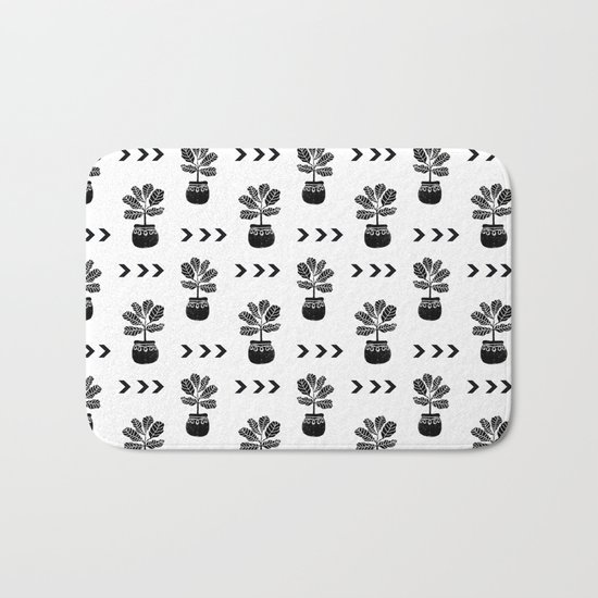 Fiddle Leaf Fig tree linocut black and white minimal modern lino carving monochromatic trendy art Bath Mat
