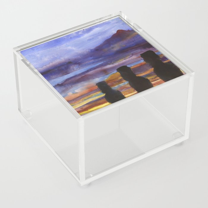 Watercolor painting of enigmatic moai statues on Easter Island, Chile.  Easter Island Moai statue sunset art Acrylic Box