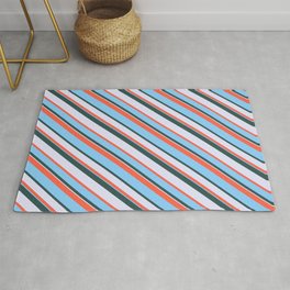 [ Thumbnail: Red, Light Sky Blue, Dark Slate Gray, and Lavender Colored Pattern of Stripes Rug ]