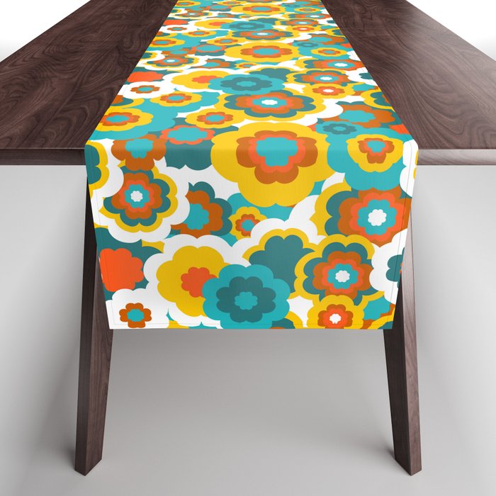Retro 70s Bold Large-Scale Flowers with Teal, Orange and Yellow Table Runner