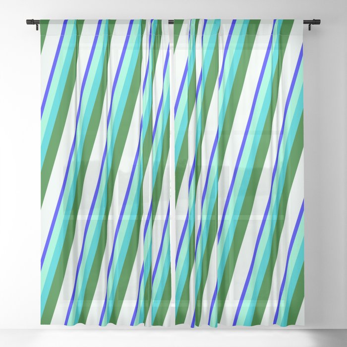 Blue, Aquamarine, Dark Turquoise, Dark Green & Mint Cream Colored Stripes/Lines Pattern Sheer Curtain