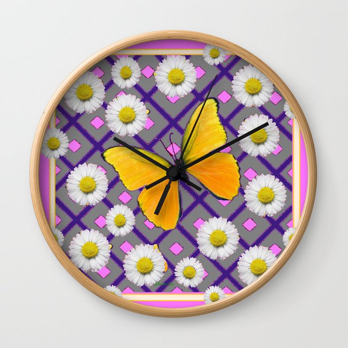 Yellow Butterfly on Lilac-pink Shasta Daisy Grey Abstract Pattern Wall Clock