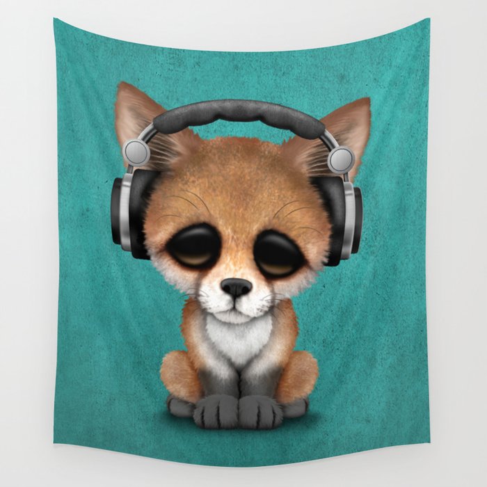 Cute Red Fox Cub Dj Wearing Headphones on Blue Wall Tapestry by