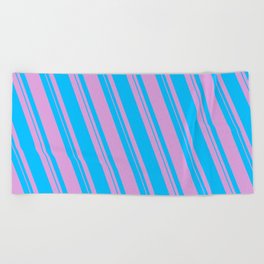 [ Thumbnail: Plum & Deep Sky Blue Colored Lined Pattern Beach Towel ]