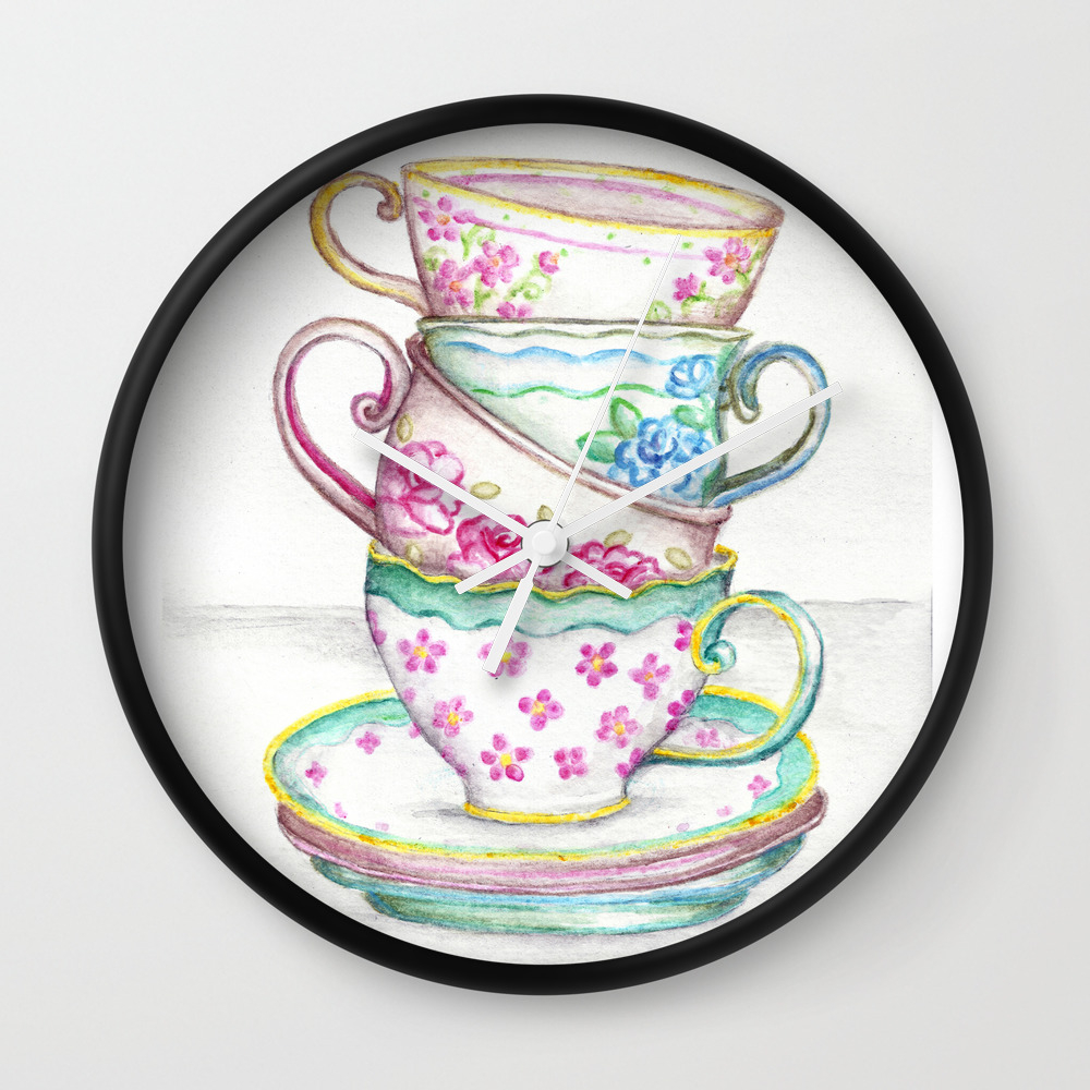 Tea Cup Art Kitchen Watercolor Painting Drawing Wall Clock By